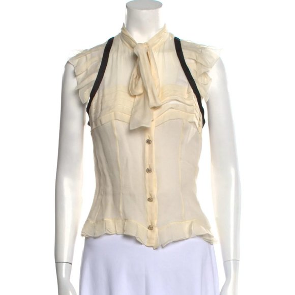 CHANEL Cream Chiffon Ruffled Sleeve Black Piping Bow Blouse Fall 2006 FR 38 - Picture 1 of 4